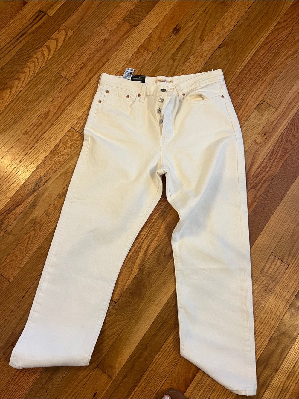 Levi's White Wedge Straight Jeans with Leather Patch